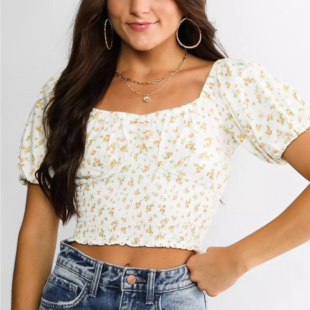 Billabong Get Along Floral Puff Sleeve Smocked Crop Top Size Large